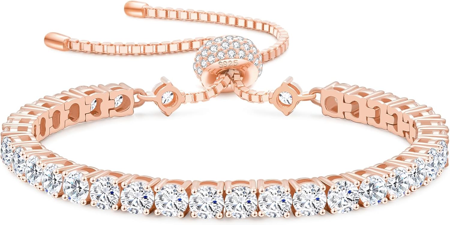KRKC&CO Moissanite Bolo Tennis Bracelets for Women, 1.6-8.0 ct.tw, Adjustable Length S925 Sterling Silver, Christmas Gifts for Her, Luxury Box, 2/3/4mm D Color VVS1 White/14K/24K/Rose Gold Plated