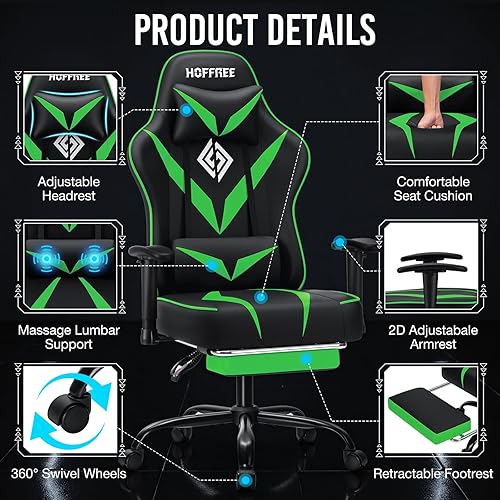 Miniatura 8 de HOFFREE Massage Gaming Chair for Adults 155 Reclining Computer Gamer Chair with Footrest and Adjustable Armrests Ergonomic Video Game Chairs Green