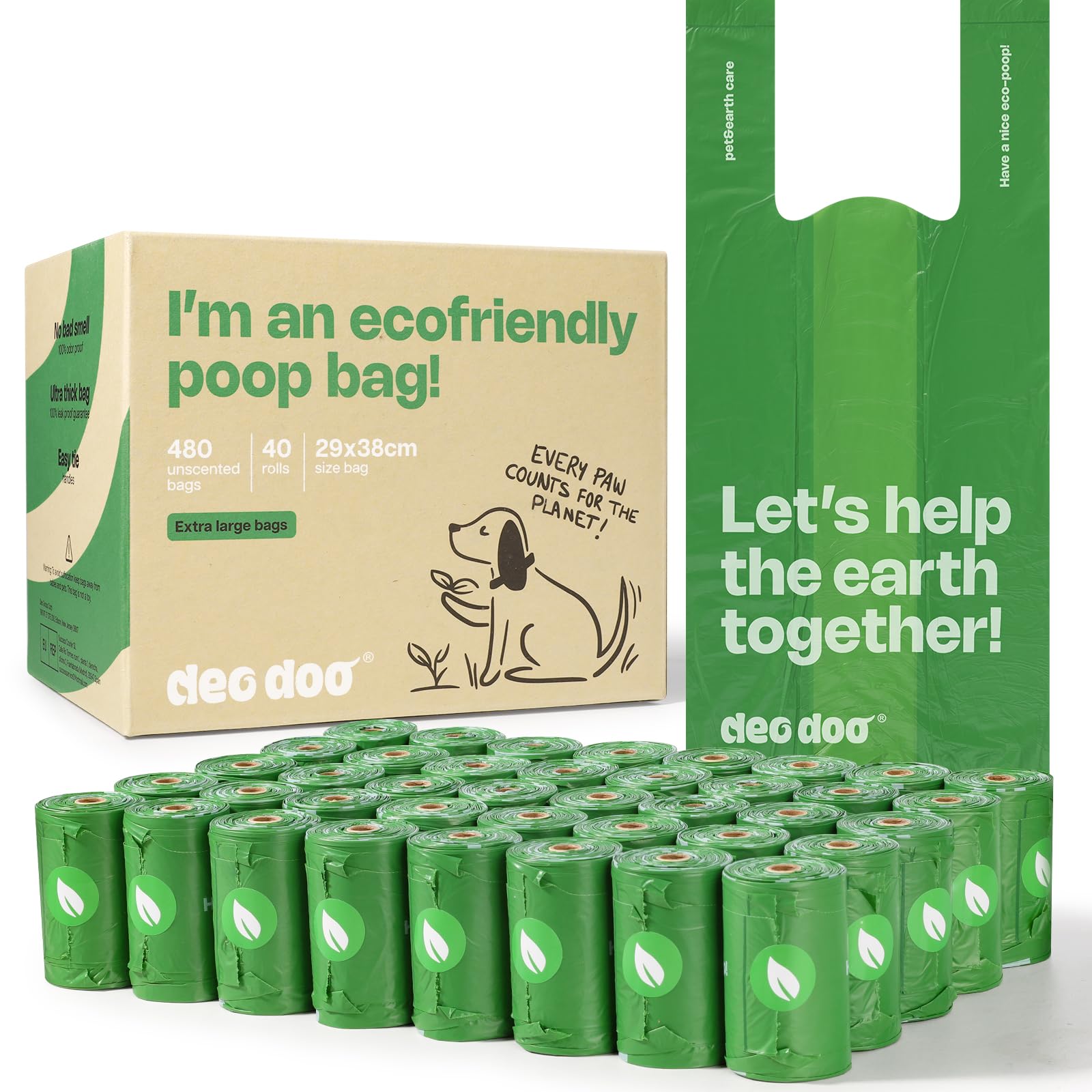 Dog Poo Bags Large Poop Bags with Tie Handle Recycle Leak-Proof 40 Rolls 480 Bags 11 * 15 Inch Green Doggy Waste Bags for Cat Little Unscented