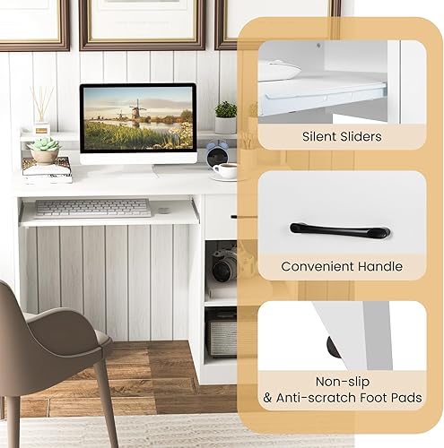 Miniatura 5 de GOFLAME Escritorio blanco para computadora, escritorio de oficina en casa con cajones grandes, gabinete, bandeja para teclado, estantes abiertos