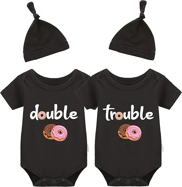 YSCULBUTOL Baby Twins Bodysuits Funny Double Trouble Cute Girl Romper Twin Jumpsuits Hat Set