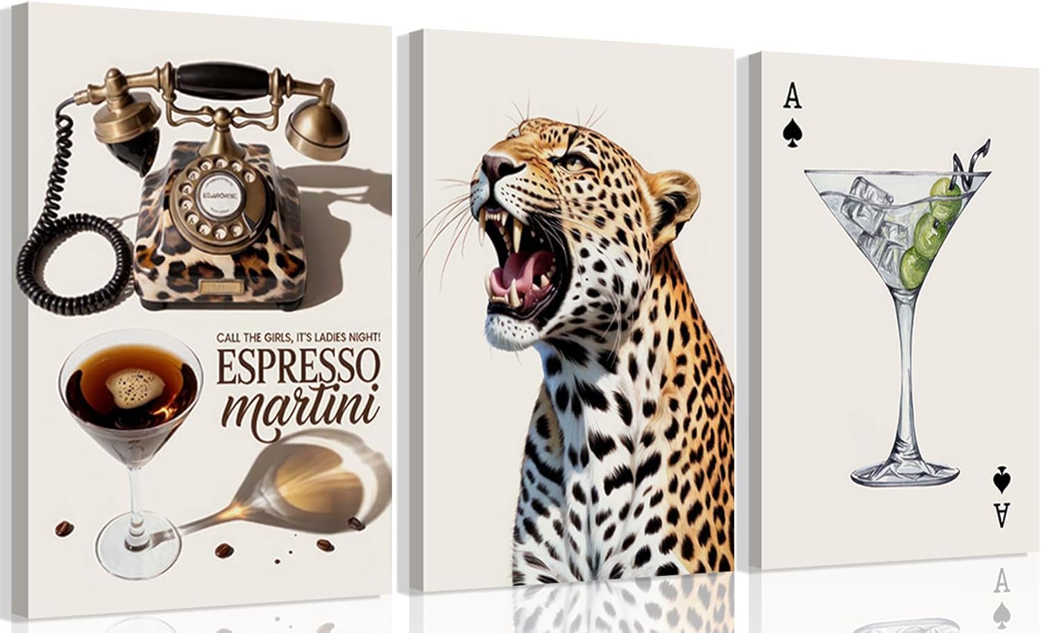 Leopard Set of 3 Canvas Wall Art Trendy Cheetah Wall Decor Painting Pictures Espresso Martini Posters Prints Preppy Aesthetic Artwork for Women Bedroom Bar Decorations 12x16in Frame