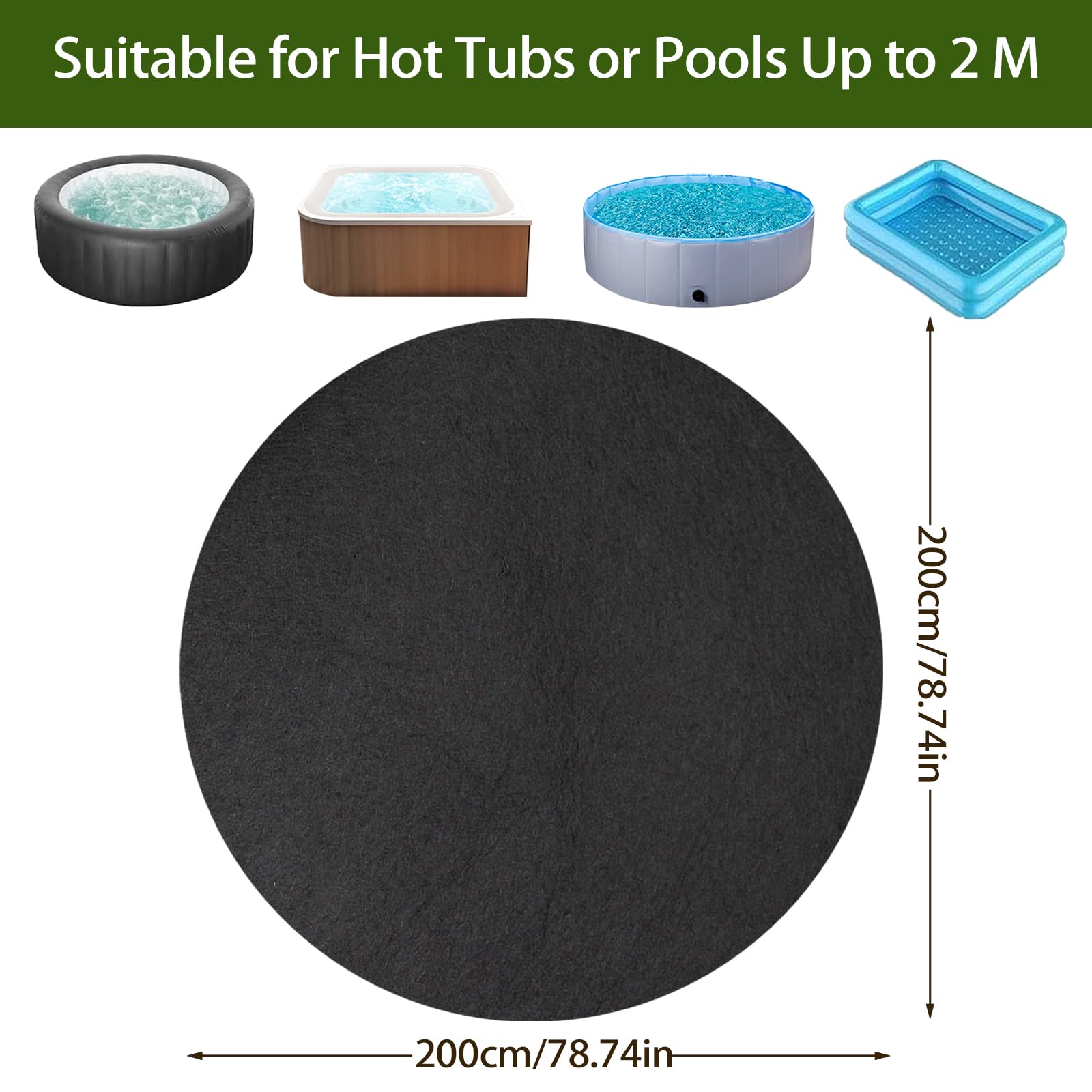 Tapis de Sol pour Piscine et Bains à Remous Extérieurs, 2m Rond Tapis de Sol Piscine, Tapis de Protection Sol et Bâtiment, Feutre Absorbant l'eau, Accessoires de Piscine de Spa