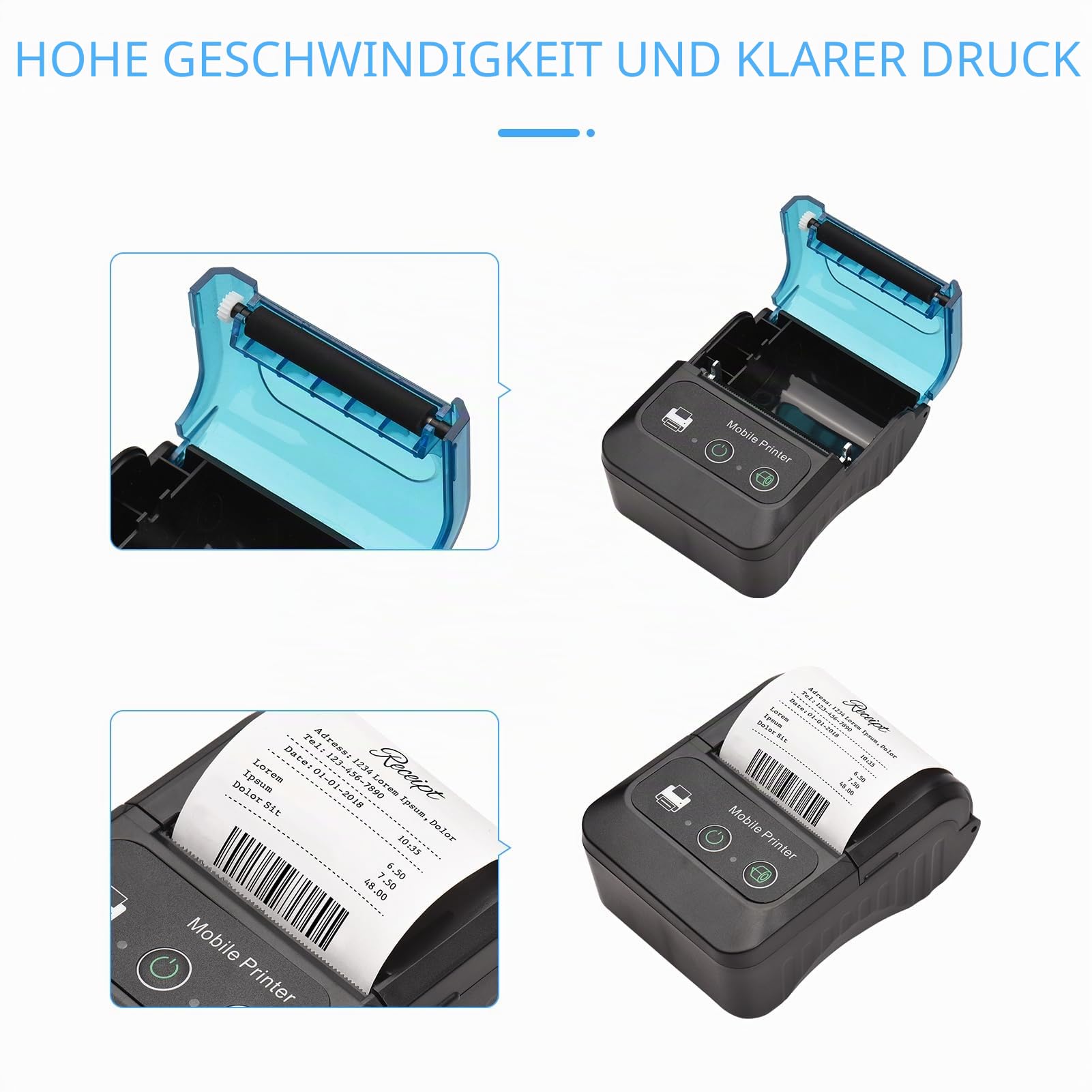 Thermo Belegdrucker, 58 mm Mini Tragbarer Thermodrucker Taschendrucker mit 11 Rollen Thermopapier, USB Verbindung und Kabelloser BT, für Büro Supermarkt Restaurant