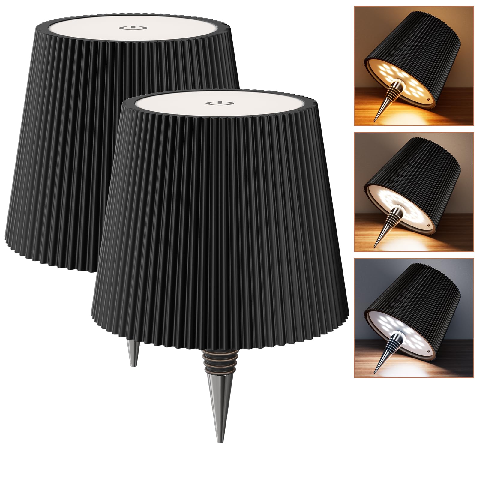 Lot de 2 Lampe Bouteille LED Sans Fil - Lampe de Table Rechargeable - IP54 étanche Lumière de Bouteille Tactile à Intensité Variable 3 Couleurs pour Intérieur Extérieur Restaurant Bar (Noir)