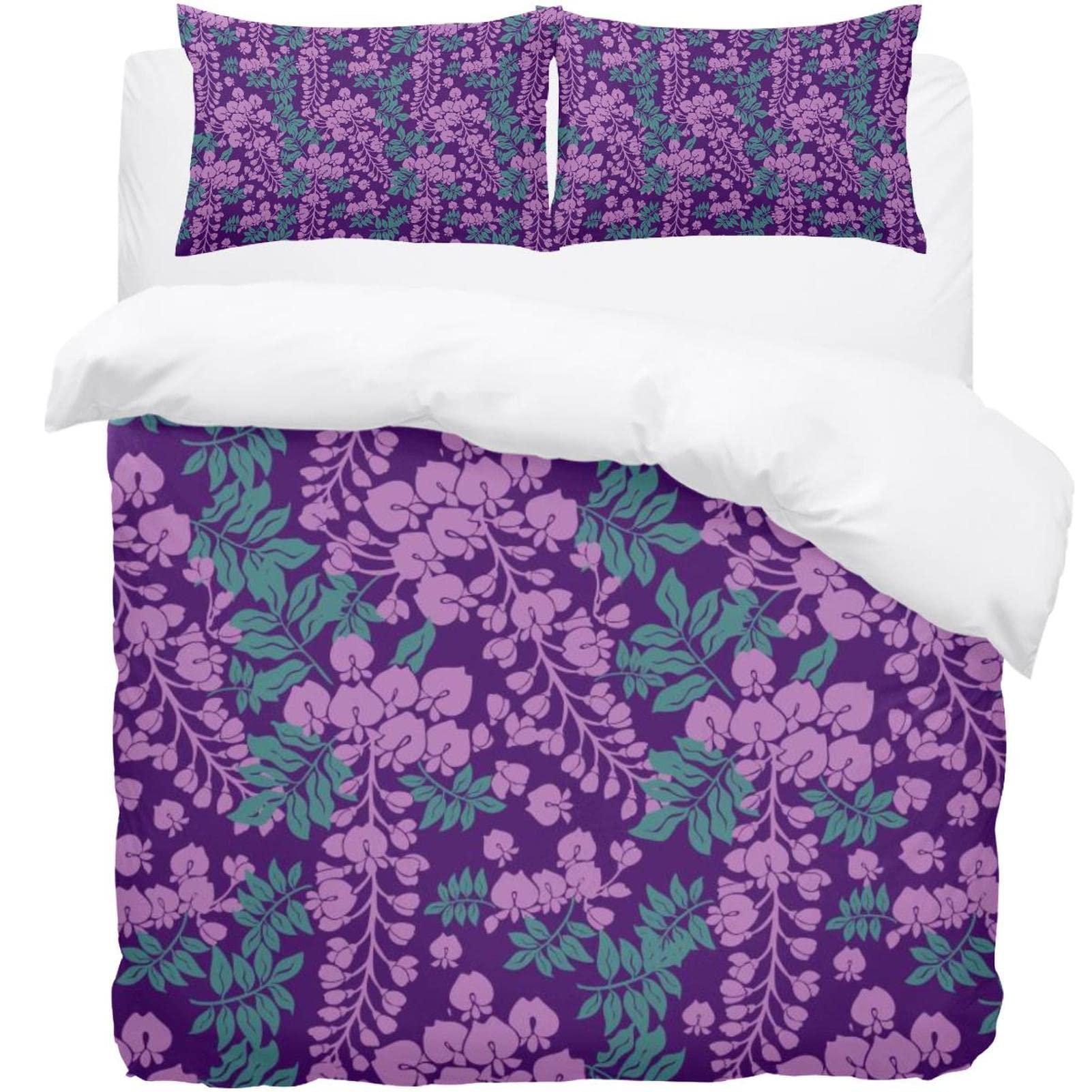 Parure de lit imprimé fleurs violettes housse de couette double et taies d'oreiller