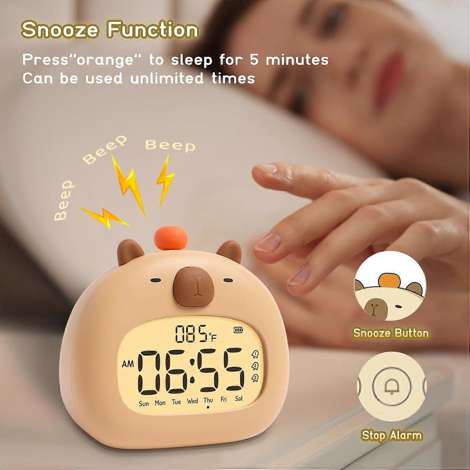 Kabelloser Wecker für Schlafzimmer, einfache Digitaluhr mit lauten Pieptönen, niedliches Capybara-Nachtlicht dimmbar, Kinder Wake Up Sleep Trainer, Jungen und Gir