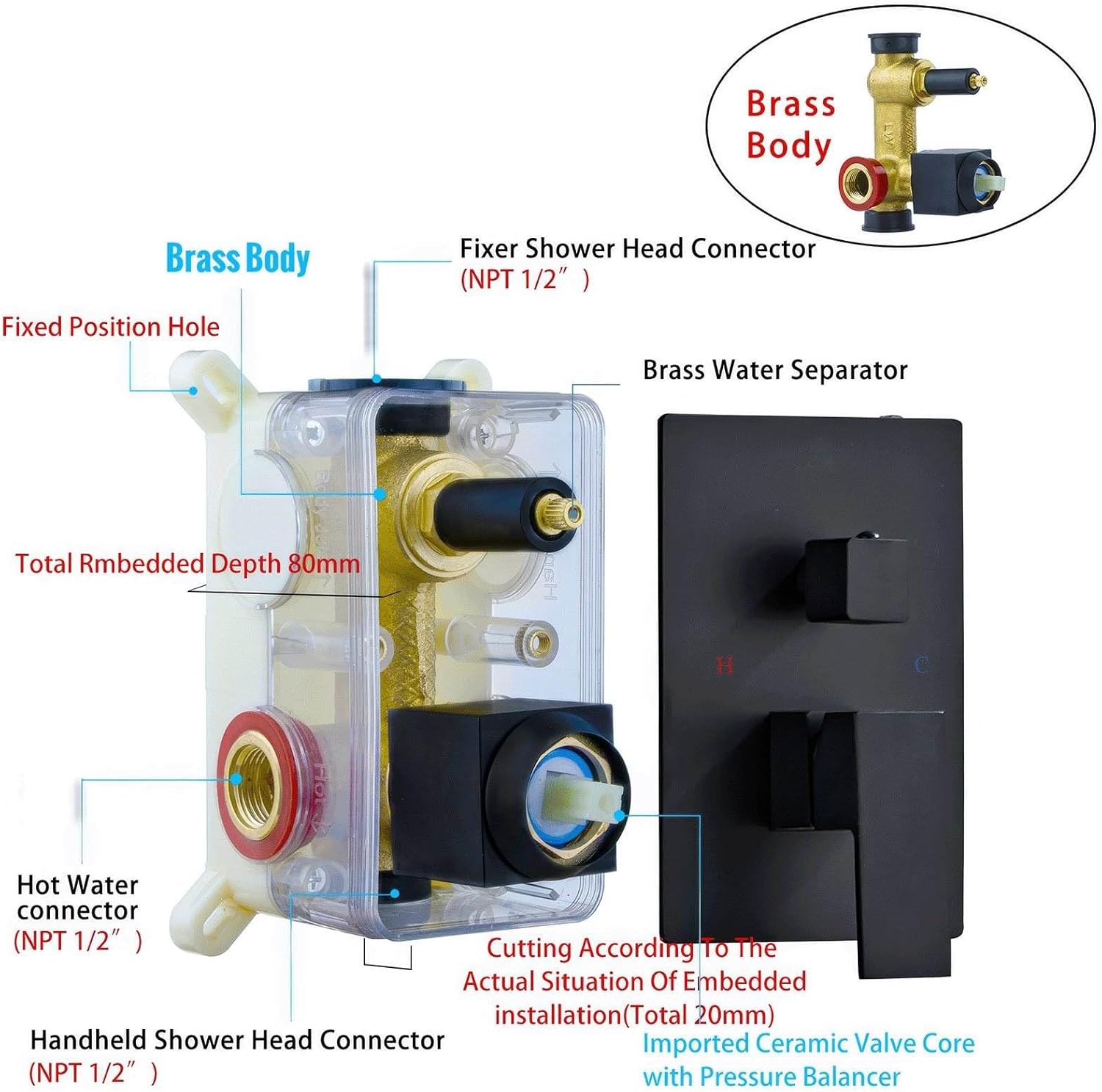 SaniteModar Black Shower Head System 10 Inch Square Rainfall Shower Head with Handheld Shower Vaval and Trim Kit Wall Mounted Shower Faucet Set, Matte Black Shower Head