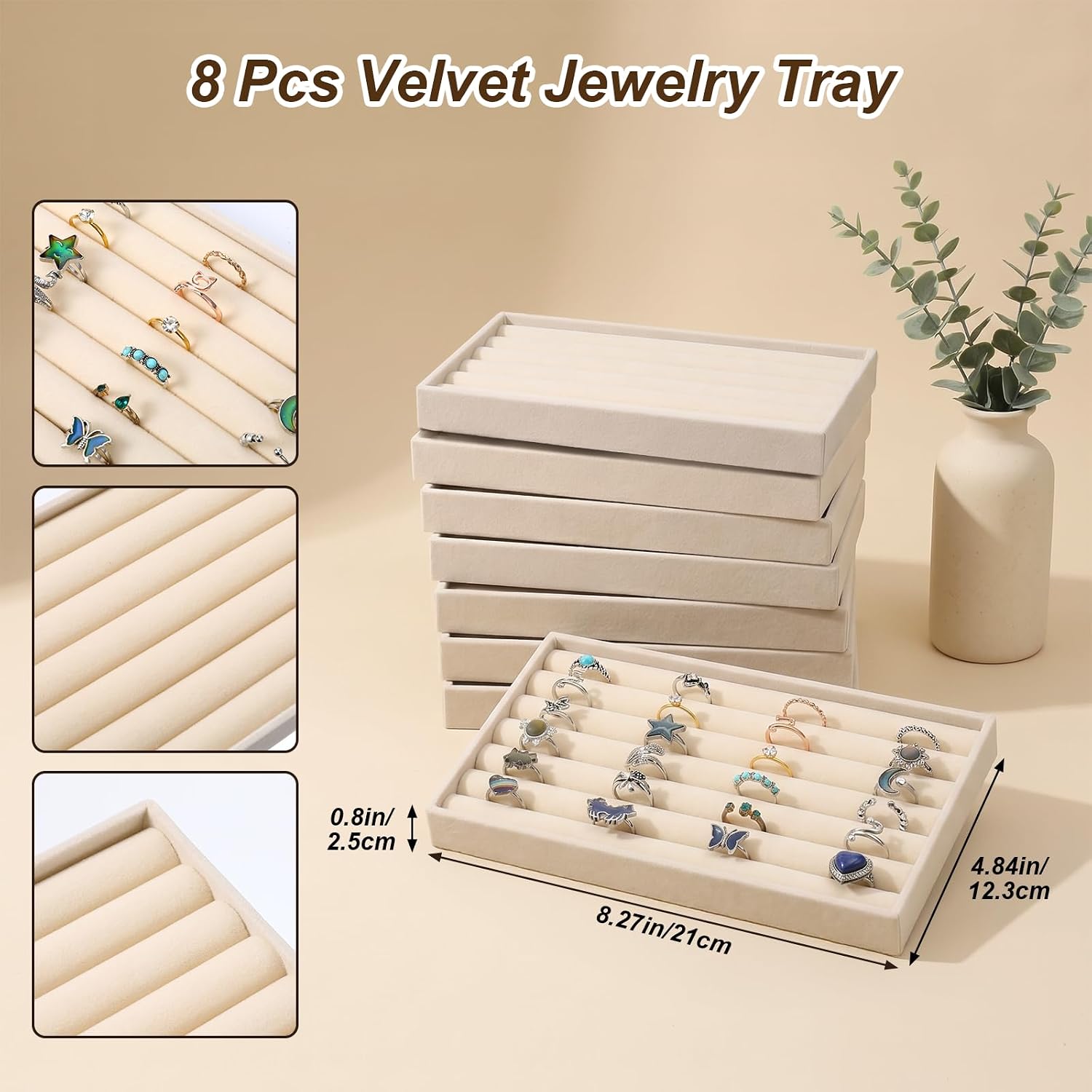 8 Pcs Velvet Jewelry Trays 7 Slot Ring Display Tray for Drawer Mini Earring