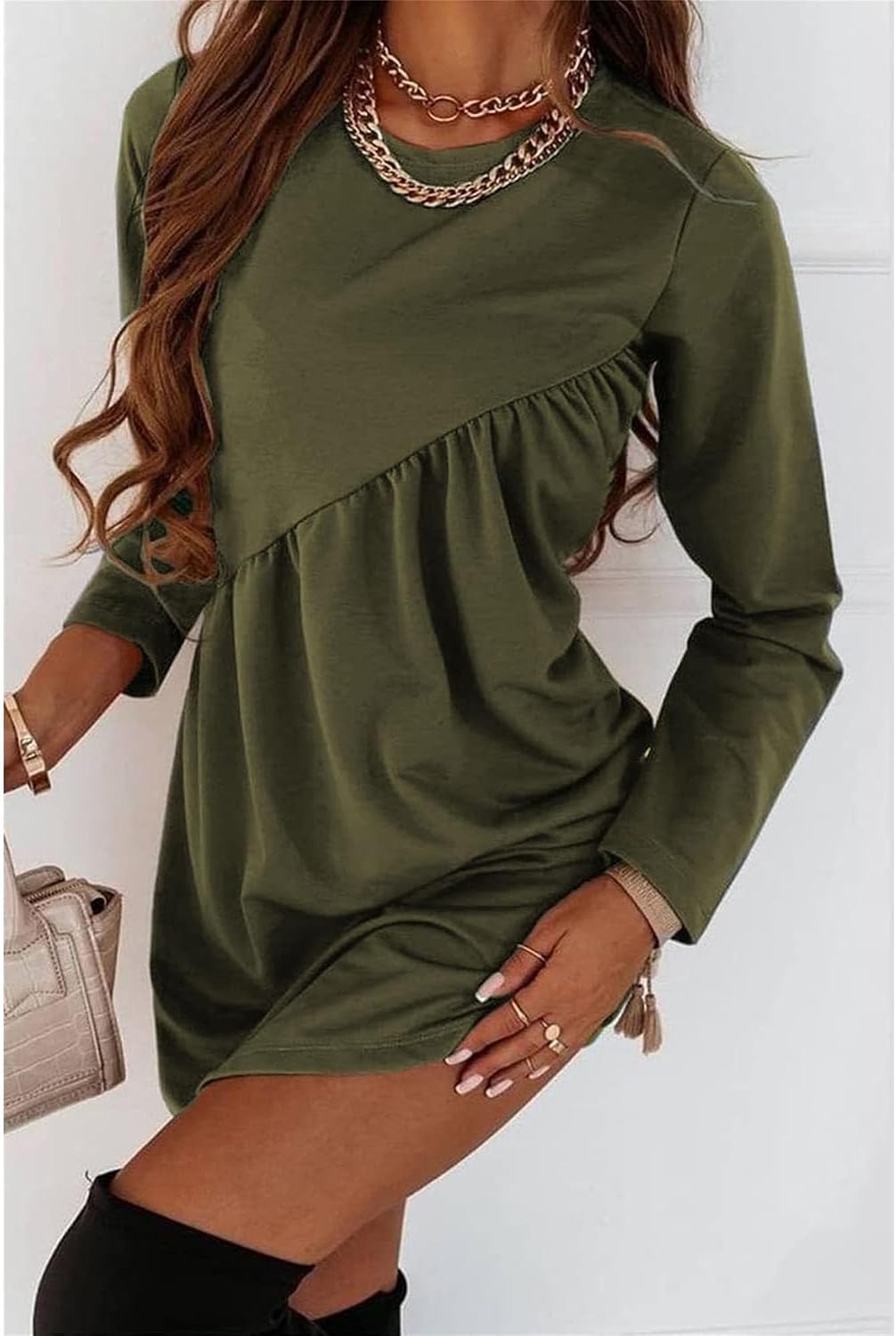 Womens Long Sleeve Casual Dress Crewneck Loose Solid Color Flowy Shift Ruched Mini Tunic Dresses Plain T-Shirt Dress