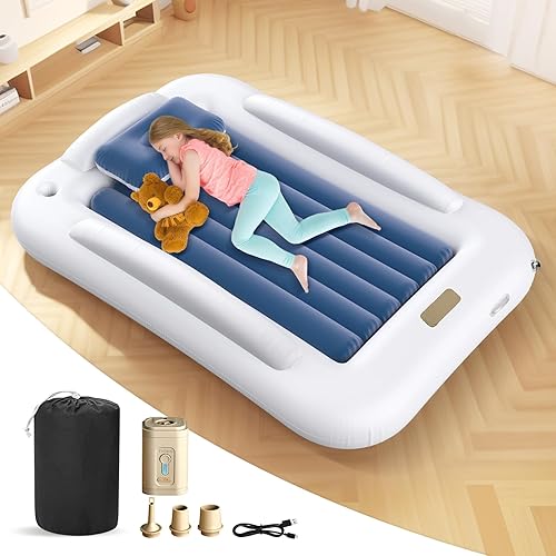 Miniatura 55 de Cama inflable de viaje para niños pequeños, cama portátil de 60 pulgadas para viajes con lados de seguridad, acogedor juego de colchón de aire
