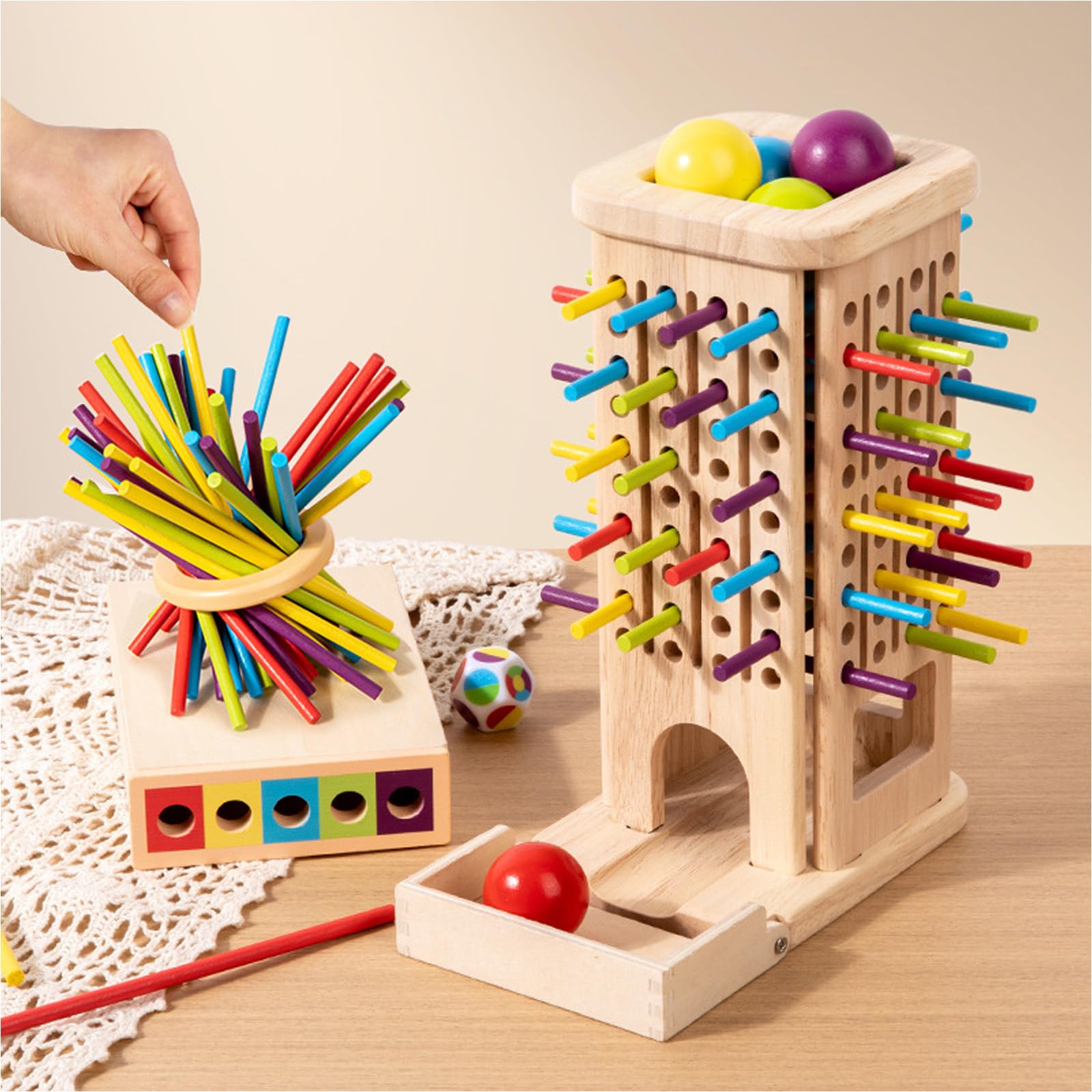 SiumPklay Wooden Montessori Sorting Game for Kids Jenga-Style Operation Board Game with 40 Sticks, 6 Balls & Dice - Image 4