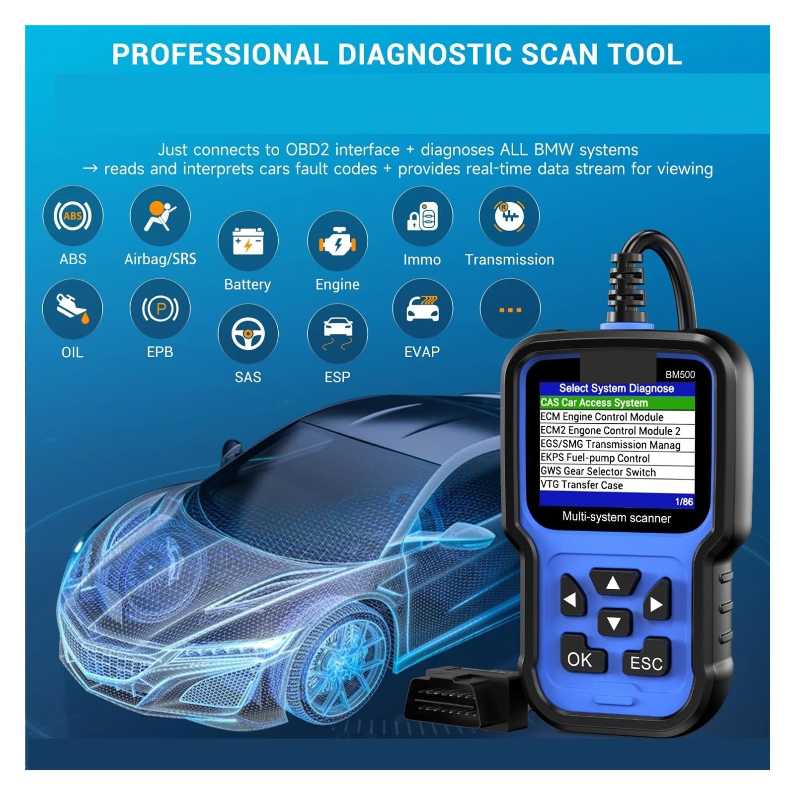 BM500 Pełny system OBD2 Scanner dla E93 E65 Airbag EPB TPMS Reset OBD 2 Diagnostyka Wielojęzyczne narzędzie diagnostyczne samochodu,Przyjazny dla użytkownika