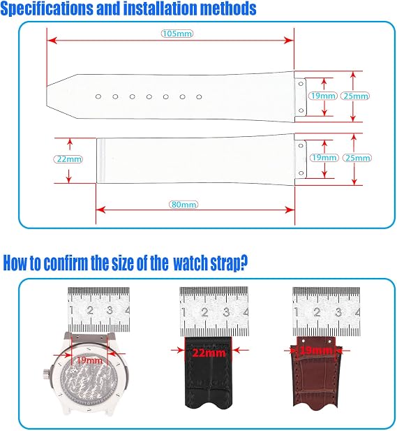 Leather 25mm Watch Bands Compatible for Hublot Big Bang 19mm*25mm*22mm Replacement Watch Strap Wirstband Bracelet For Men and Women(with metal buckle)