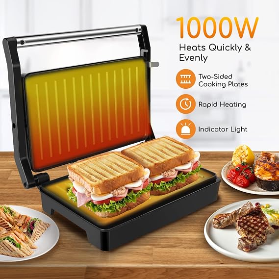 Aigostar 1000W Panini Press Sandwich Maker with Non-Stick Coated Plates