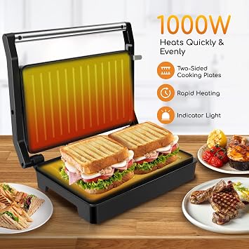 Aigostar 1000W Panini Press Sandwich Maker with Non-Stick Coated Plates