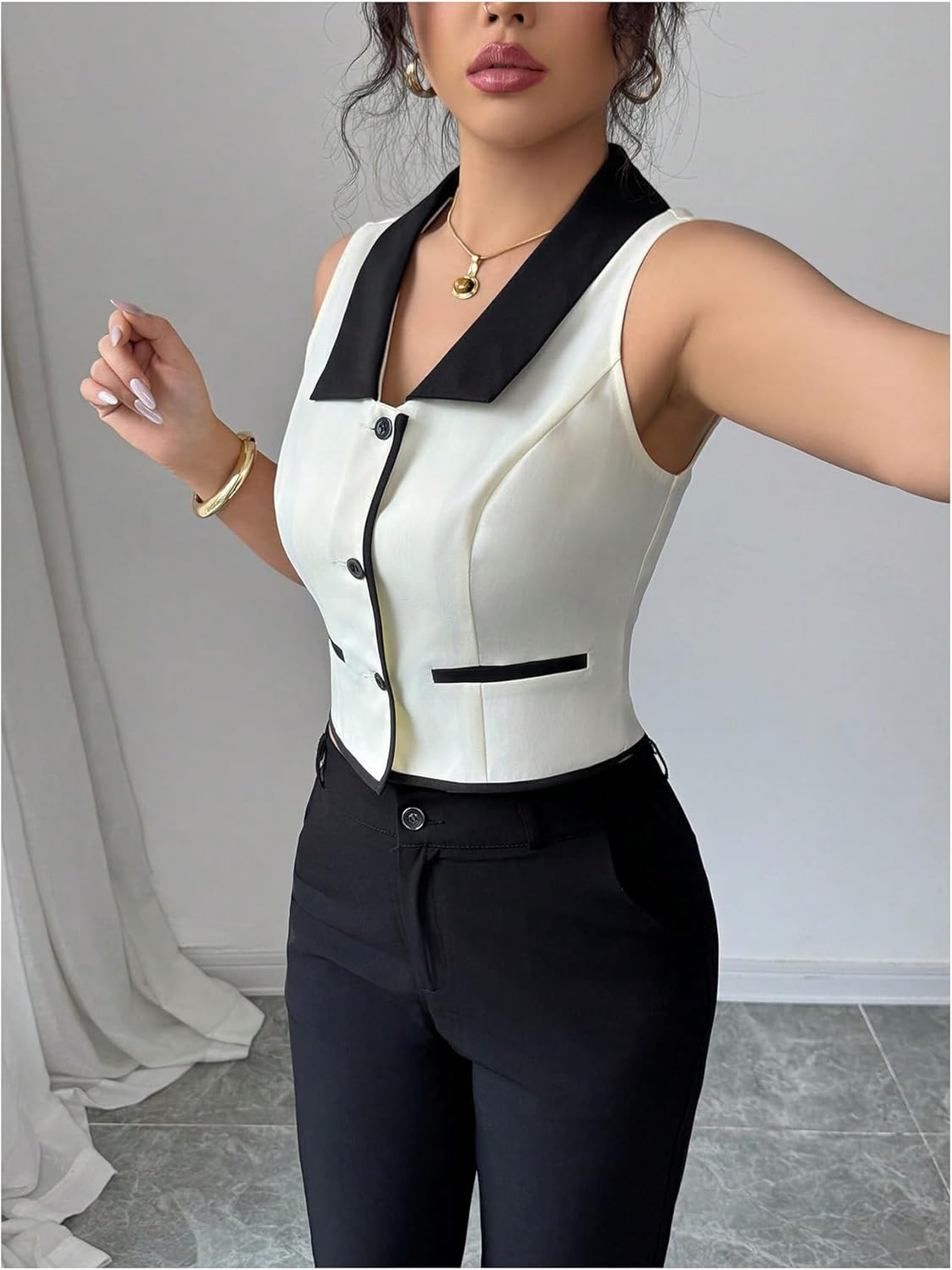 SweatyRocks Women's V Neck Button Down Tank Tops Elegant Sleeveless Work Blouse Crop Vest Top - Image 6