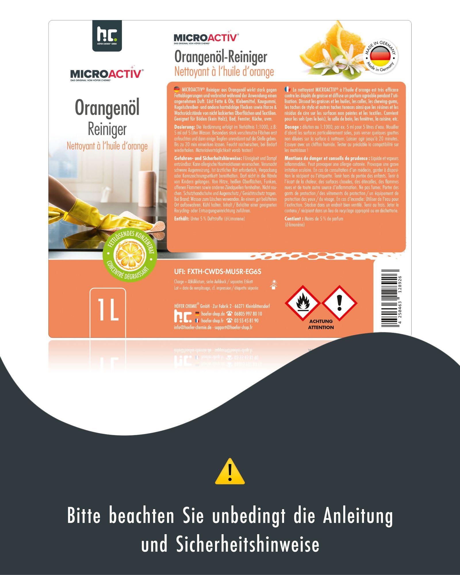 MICROACTIV Orangenöl Reiniger Konzentrat 6 x 1L | Allzweckreiniger & Fettlöser mit frischem Orangenduft - Universalreiniger