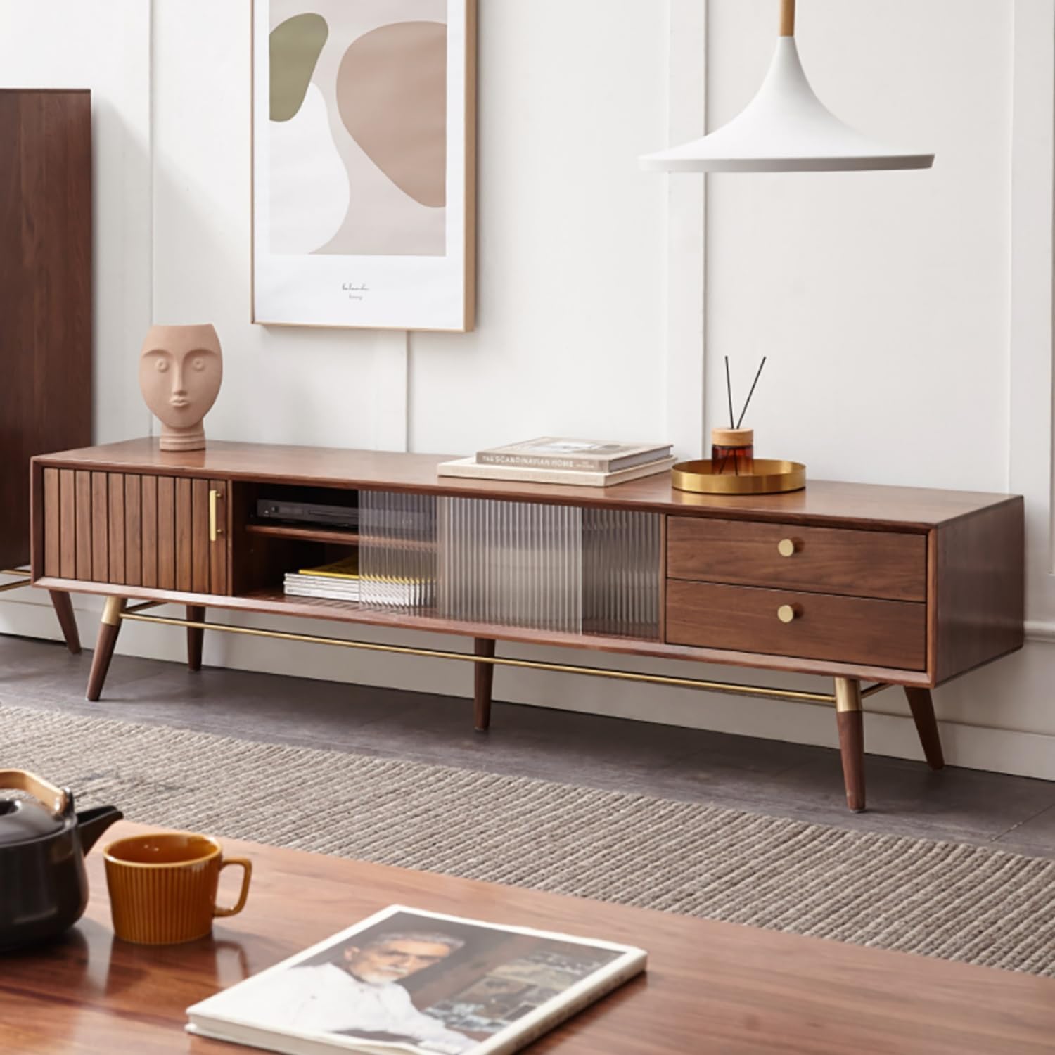 86.6" L Solid Walnut Wood TV Stand for 60-85’‘ TV, Glass Sliding Door TV Console Media Entertainment Center Console Table with Drawers, Mid Century TV Console Table for Bedroom Living Room Black Walnut Wood 86"L