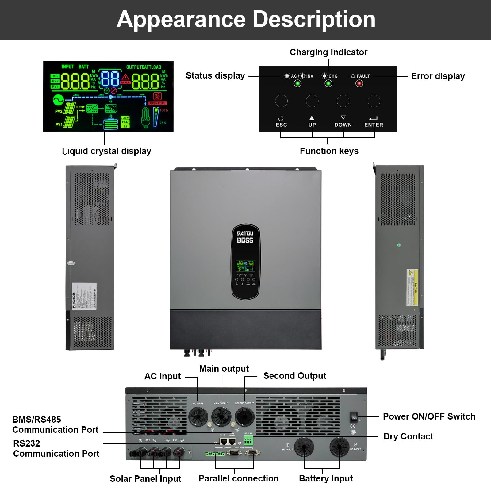 DATOUBOSS 11KW Inverter ibrido 48 V, inverter solare ibrido 48 V, 48 V DC a 230 V AC, supporta la connessione parallela e funzionamento senza batteria, 150 A MPPT,per batterie al piombo e acido al