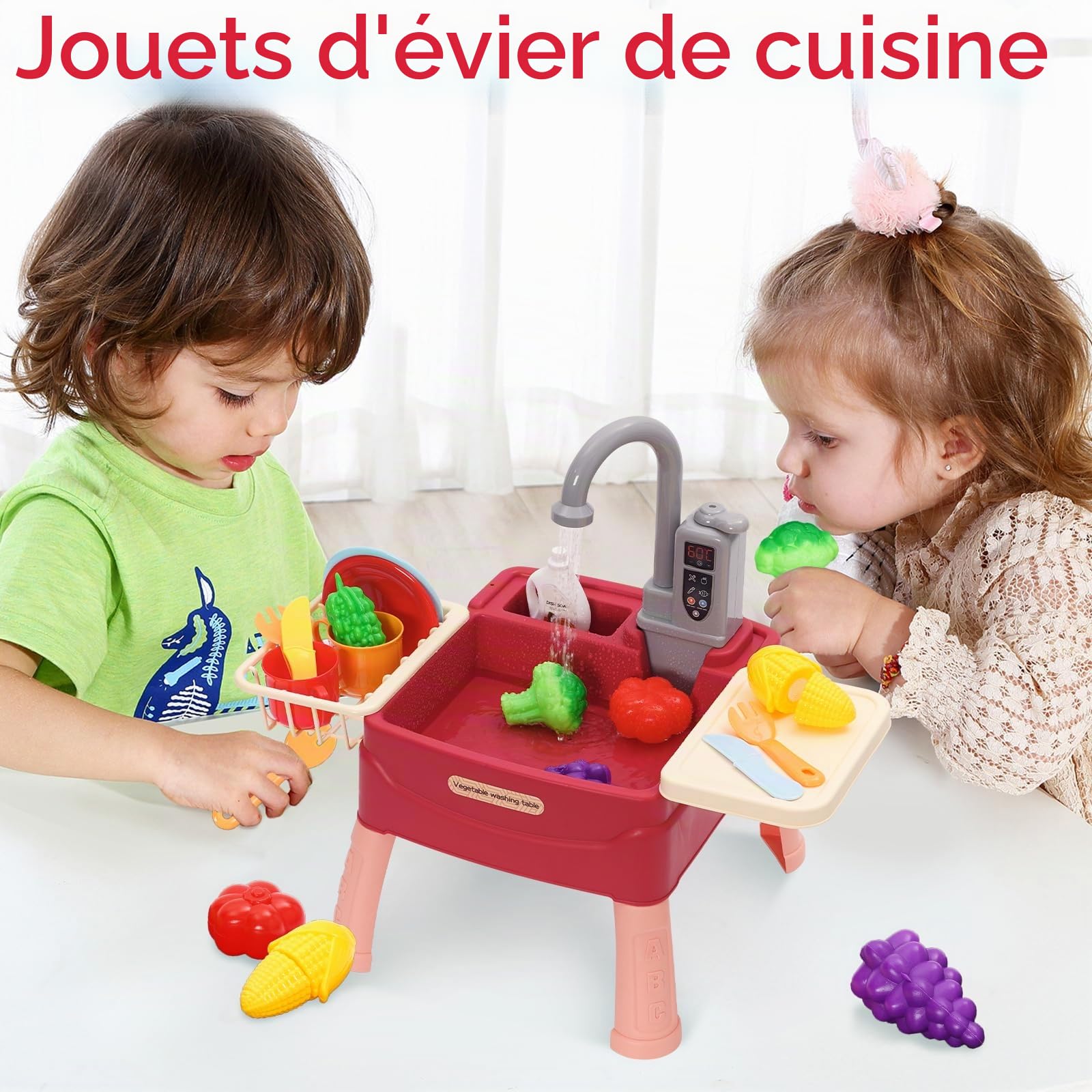 Jeu d’Évier de Cuisine pour Enfants avec Robinet à Recyclage d’Eau,Jouet de Rôle Incluant Légumes et Accessoires, Pompe à Eau Réaliste,Cadeau pour Filles Garçons dès 3 Ans