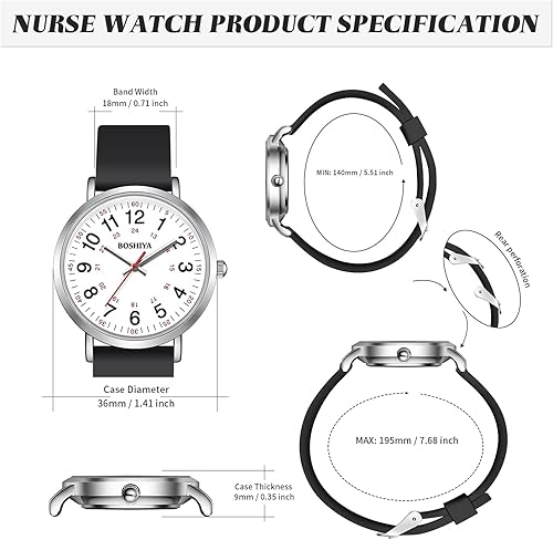 Miniatura 4 de BOSHIYA Reloj de enfermera, reloj de enfermería para enfermera, profesionales médicos y estudiantes, reloj médico con segunda mano para enfermeras,