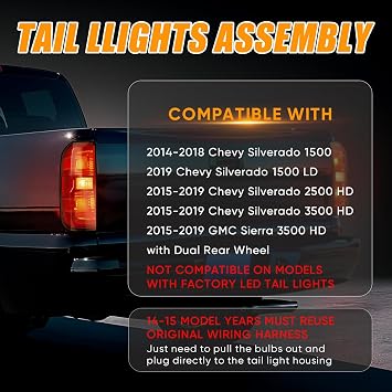 Tail Light Assembly Compatible with 2016-2019 Chevy Silverado 1500 2500 HD GMC Sierra 3500 HD Left Drive Side Rear Brake Taillight Replacement with Bulb and Harness Accessories, Red