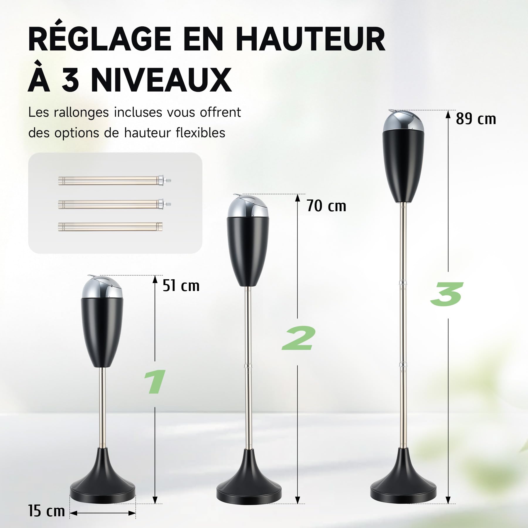 CO-Z Cendrier sur Pied Intérieur et Extérieur Hauteur Réglable 50/70/90 cm avec Couvercle en Acier pour Cigarettes pour Cigares pour Patio Décoration de la Maison et du Bureau, Noir