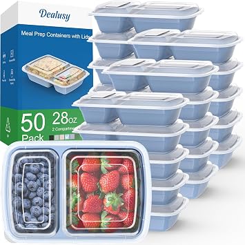 Dealusy 50 Pack 100-Piece 28 oz Meal Prep Containers Reusable with Lids 2-Compartment, Sturdy Leakproof Food Safe, Microwave Freezer Dishwasher Safe, To Go Take Out Plastic Food Storage, Blue