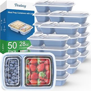50 Pack (100-Piece) 28 oz Meal Prep Containers Reusable with Lids 2-Compartment, Sturdy Leakproof Food Safe, Microwave Freezer Dishwasher Safe, To Go Take Out Plastic Food Storage, Blue