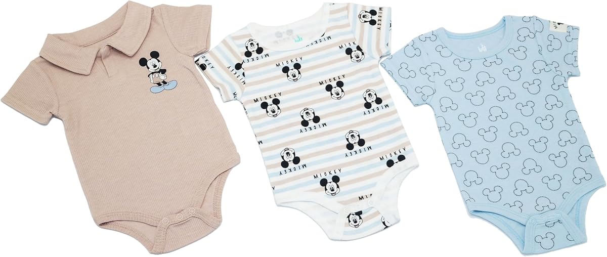 Magic Threadz Disney Clothes Paquete de 3 monos para bebés - Conjunto de trajes de Mickey Mouse y Winnie the Pooh (0M-9M)
