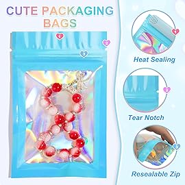 100 Pack Holographic Bags, Smell Proof Packaging Bags, Clear Window Resealable Odor Foil Pouch Mylar Bag for Food Storage and Lipgloss, Jewelry Lash (Blue, 3 x 4.7 Inch)