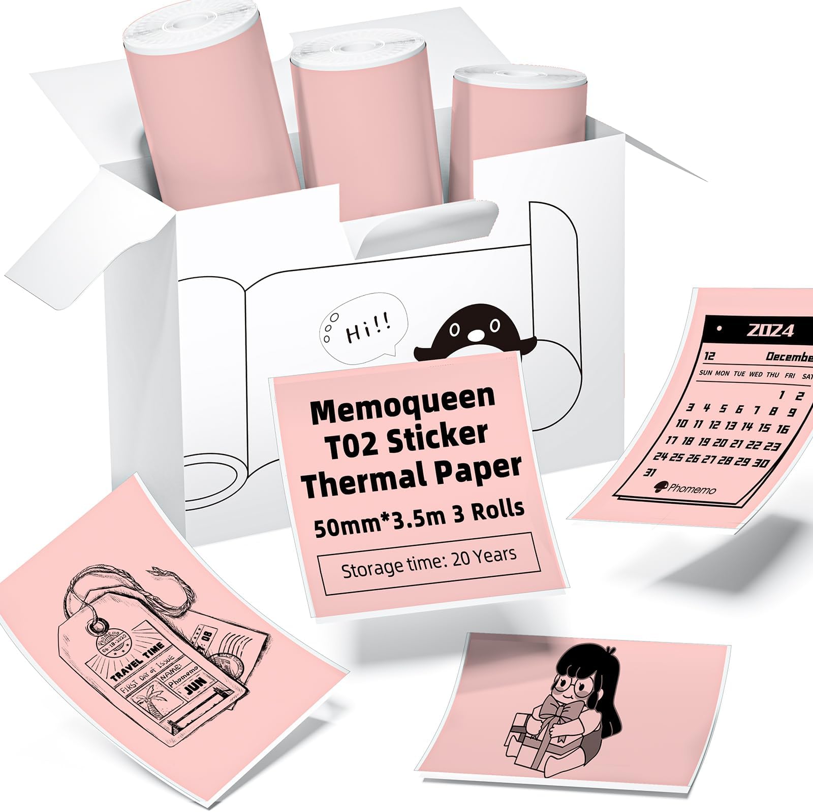 Memoqueen T02 Pink Self-Adhesive Thermal Paper, Inkless Sticker Paper Printer Label Paper, 3 Rolls 1.96" x 11.4' (50mmx3.5m/Roll), Compatible with T02/Q02, Black Text, Keep for 20 Years