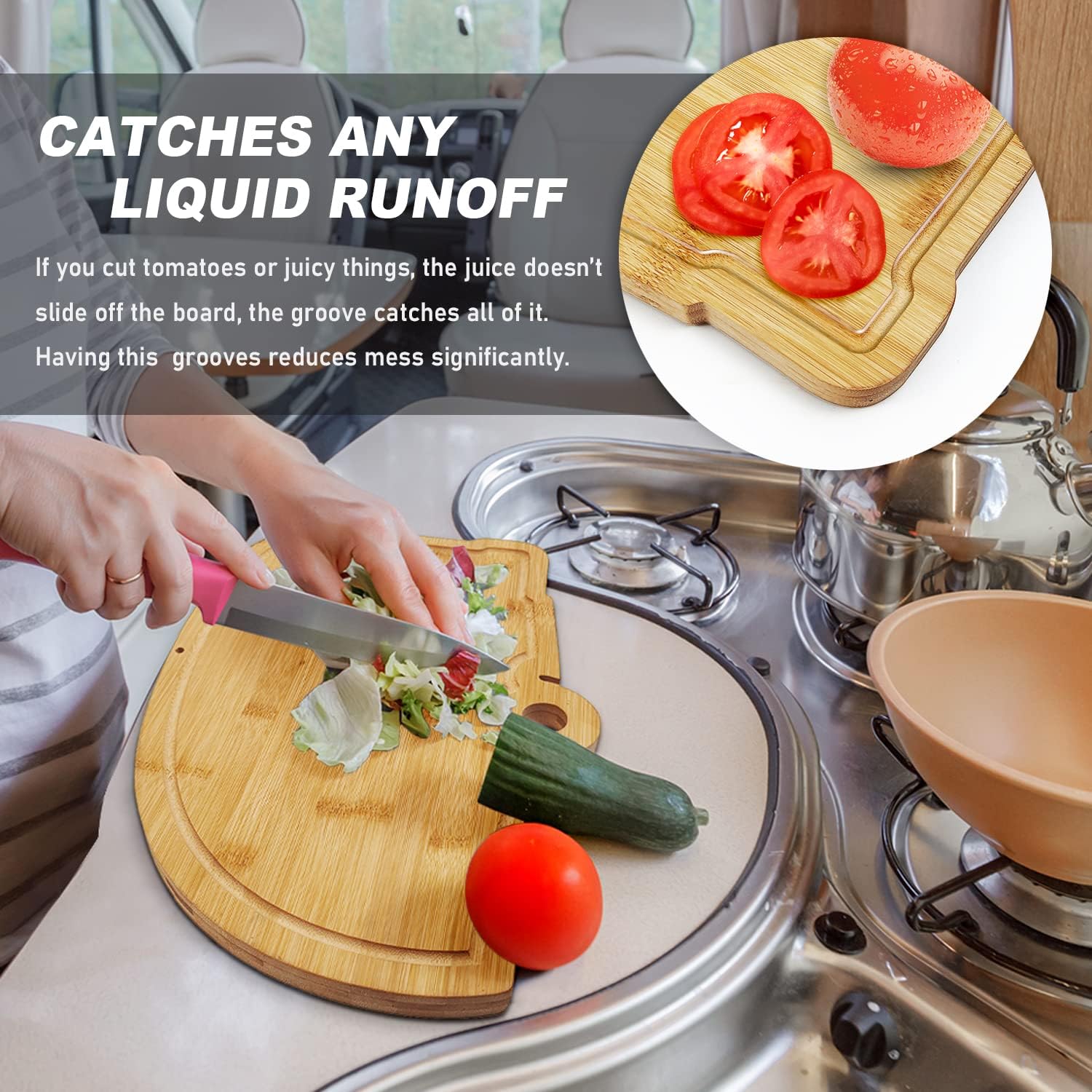 Happy Camper Bamboo Large Cutting Board, Rv Wooden Stove Top Cover Noodle Board,Meat Cutting Board for BBQ, Carving Board for Turkey,Large Charcuterie Board,RV Kitchen Decoration - Image 3