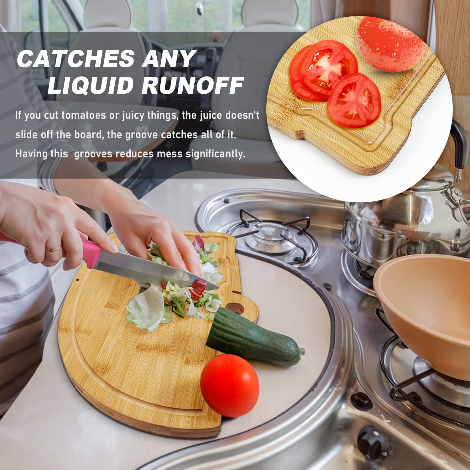 Juego de tablas de cortar de bambú para caravana, accesorios de cocina, 2 piezas, juego de tablas de cortar de madera RV con ranuras para jugo, agujero para colgar, para carne, verduras y queso,