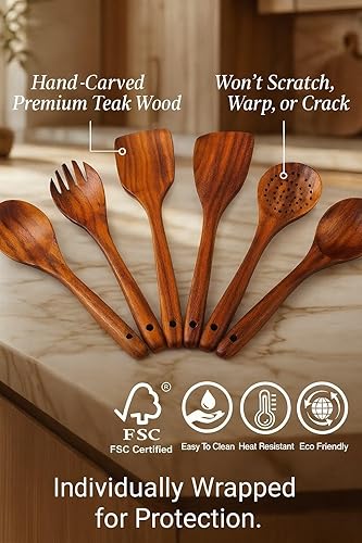 Miniatura 4 de Juego de utensilios de cocina de madera de teca de 6 piezas, cucharas y espátulas para utensilios de cocina antiadherentes, herramientas de cocina