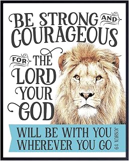 Be Strong and Courageous Wall Art - Lion Religious Scripture Decor - Christian Bible Verse Gifts for Men, Boys Bedroom, Teen Room - Motivational, Positive, Inspirational Quotes - Blessed Wall Decor