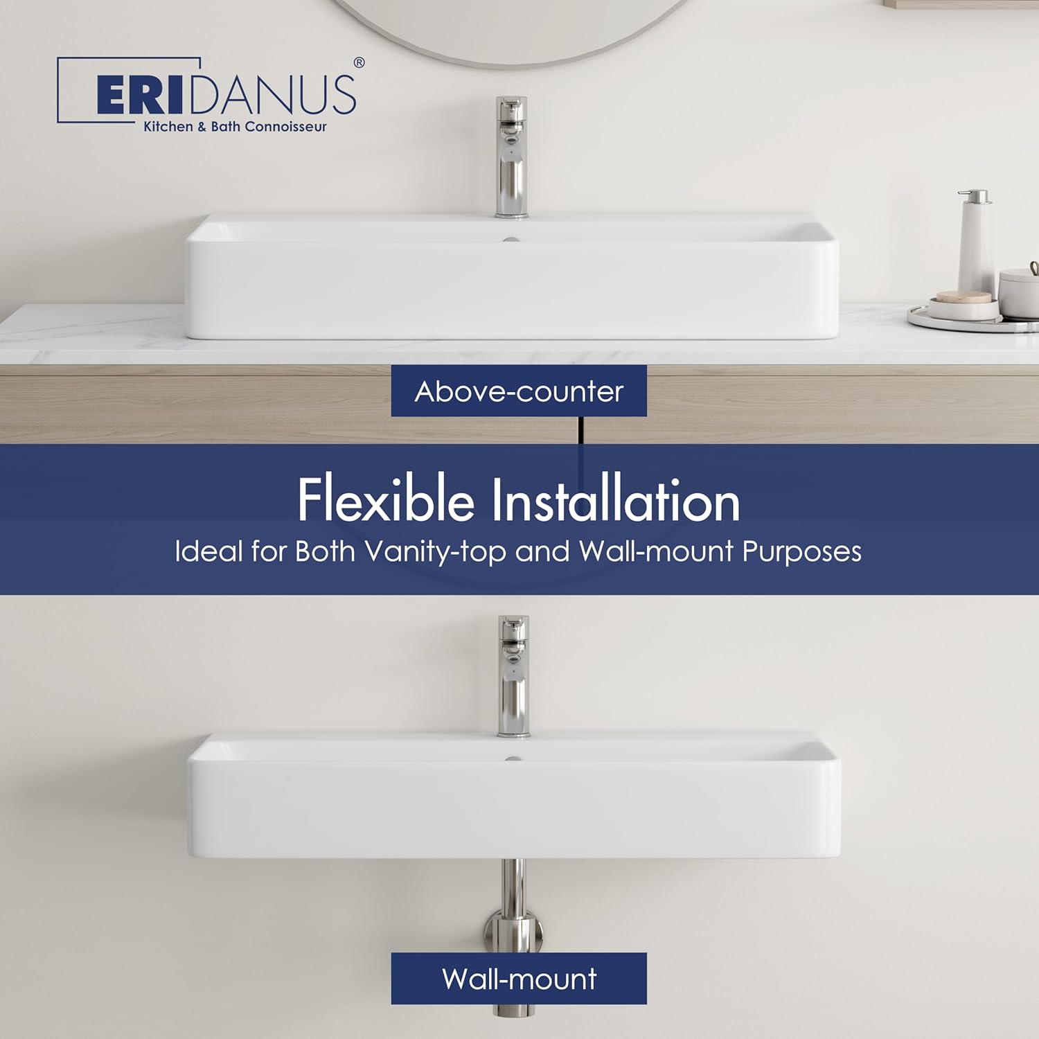 Eridanus Bathroom Vessel Sink 36" x 16", Above Counter Wall Hang Mount Vanity Sink Ceramic Rectangular, Premium White Art Basin with Overflow, Lavatory Trough Floating Washbasin