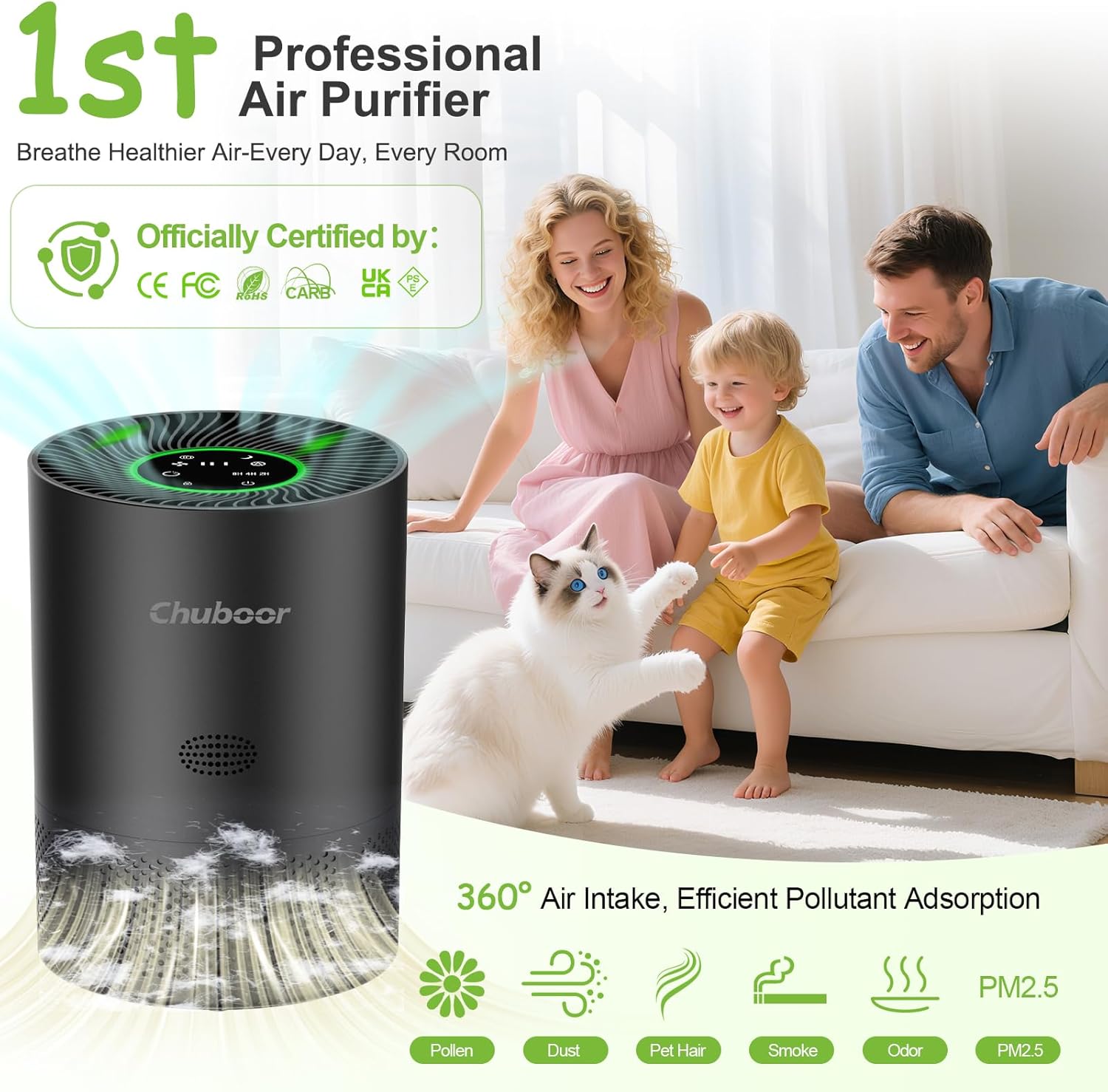 Chuboor Air Purifiers for Home Large Rooms, H13 True HEPA for Bedroom Dorm Room Pets, kitchen, washroom, with Timer, Auto Mode, Sleep Mode, for Smoke and Dust, Pollen, Odors, PJ01, Black