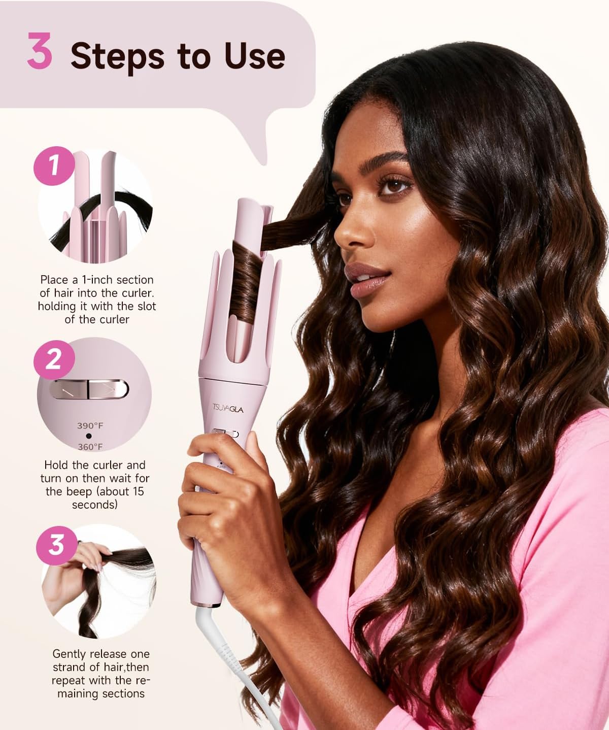 5 in 1 Auto Curling Iron Set with Interchangeable Barrels - 1", 1.25", 1.5" Curling Wand, Hair Crimper & Straightening Brush, Rotating Ceramic Curler, 3 Temp, Dual Voltage, Anti-Scald, Pink - Image 9