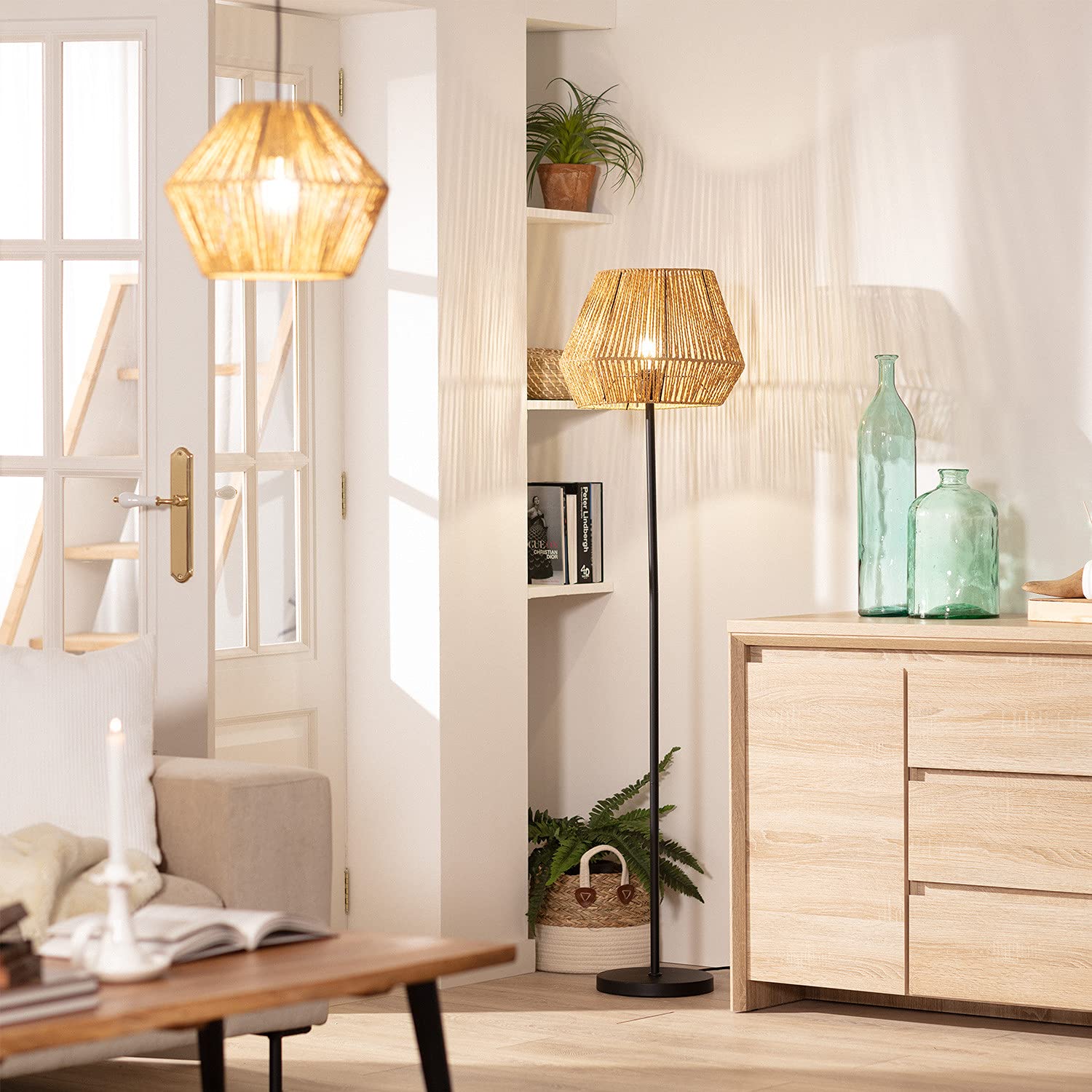 LEDKIA LIGHTING - Lámpara de Pie Kirito | Diseño Elegante y Moderno | Compatible con Bombilla LED E27 | Duradera y Resistente | Ideal para Salón y Dormitorio; Natural; Papel trenzado