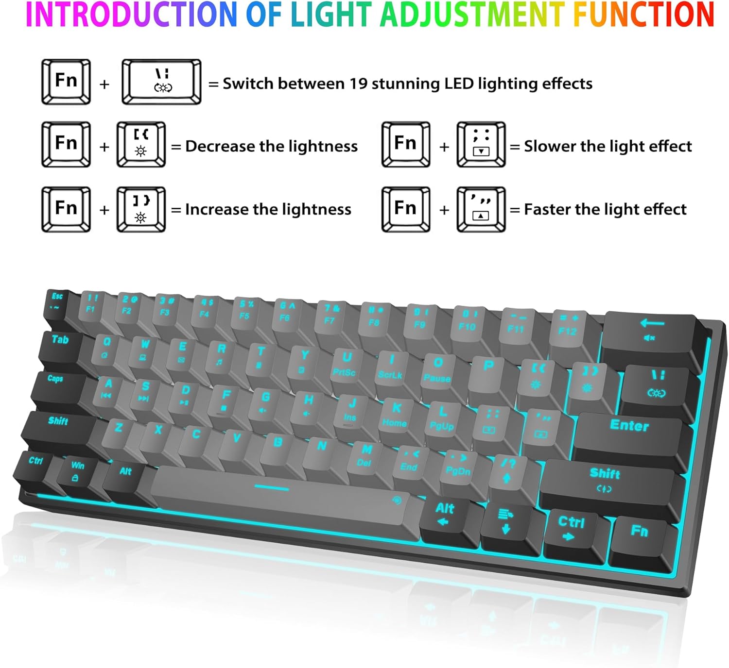 Snpurdiri 60% Wired Mechanical Gaming Keyboard, Ice Blue LED Backlit 61 Keys Mini Wired Office Keyboard for Windows Laptop PC Mac (Black-Grey, Red Switches)