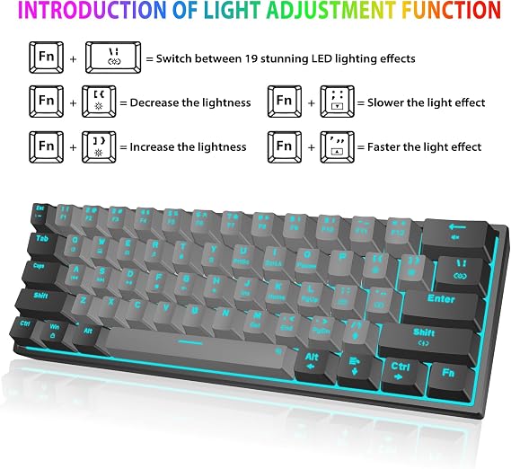 Snpurdiri 60% Wired Mechanical Gaming Keyboard (Black-Grey, Red Switches) | Ice Blue LED Backlit 61 Keys Mini Wired Office Keyboard for Windows Laptop PC Mac