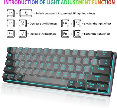 Snpurdiri 60% Wired Mechanical Gaming Keyboard (Black-Grey, Red Switches) | Ice Blue LED Backlit 61 Keys Mini Wired Office Keyboard for Windows Laptop PC Mac