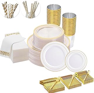 Sebusong 225 Pcs Dinnerware Set, 25 Guests Reusable Plastic Dinner Plates Set Include 25 Dinner Plates, 25 Salad Plates, 7...