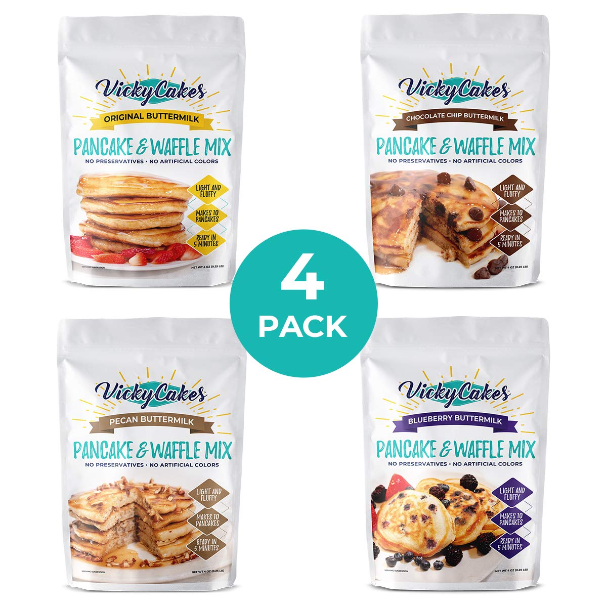 Vicky Cakes Pancake & Waffle Mix Variety Bundle - Original, Blueberry, Pecan and Chocolate Chip | Light & Fluffy, Dairy-Free, Vegan-Friendly, Non-GMO | Pack of 4