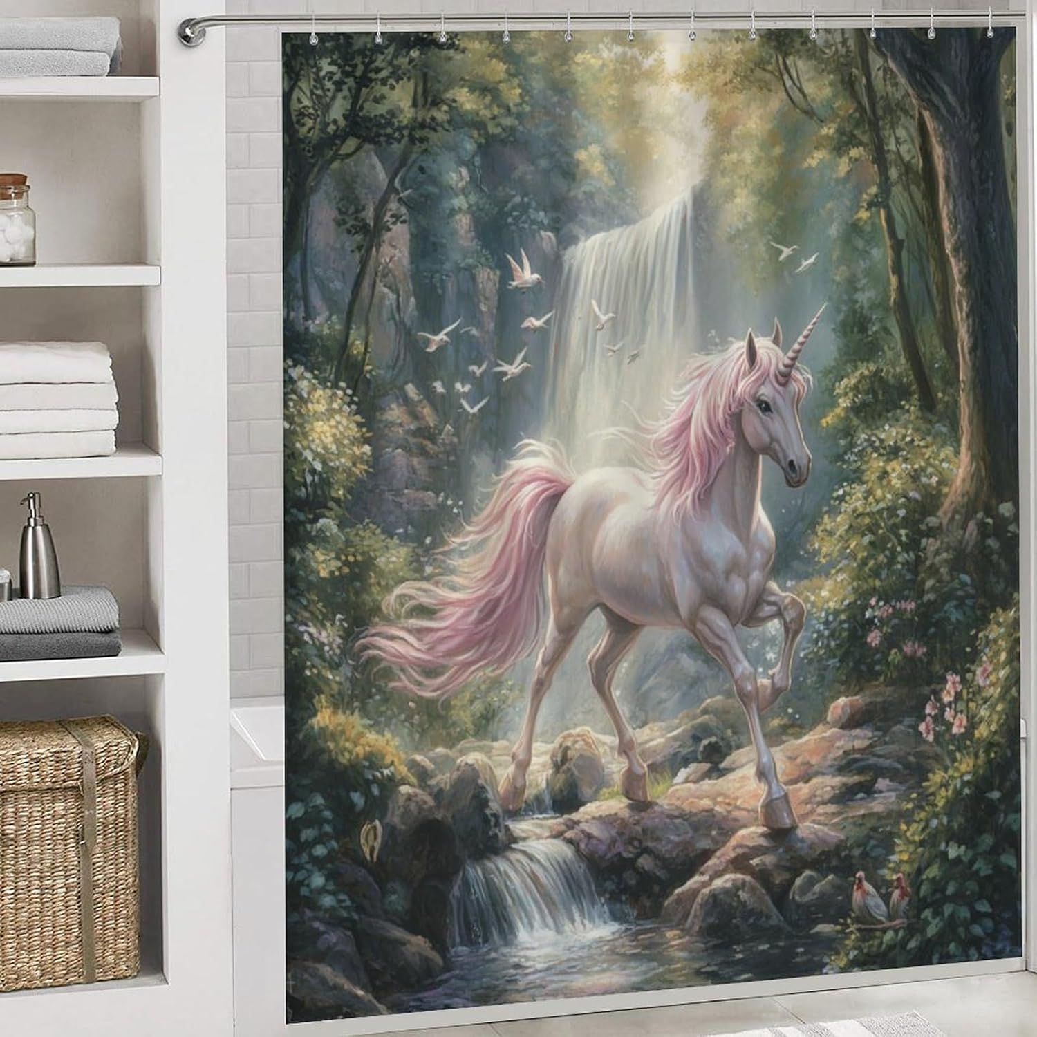 Unicorn Shower Curtain Sets with Toilet Lid Cover and Rugs, Fantasy Animals Bathroom Decor Set with Rug U Shape Mat, Waterproof Shower Curtain with 12 Hooks