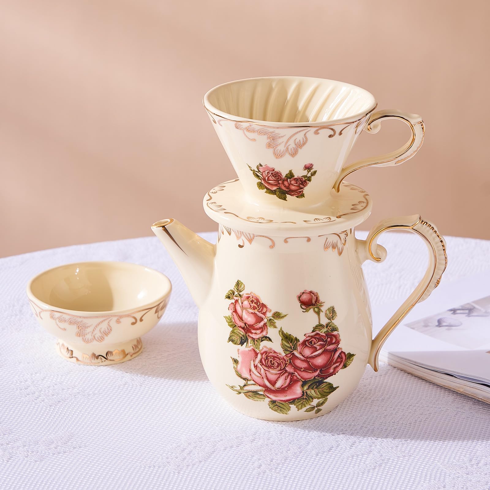 YOLIFE Ceramic Pour Over Coffee Dripper Set, Floarl Design Pour Over Cone Coffee Maker - 1 Cup, Gift for Women (Rose)