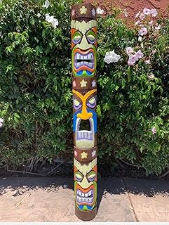 AOLDHYY Tiki Totem Tongue 3 face Tribal Wood Wall Mask Patio Tropical Bar Decor 40"