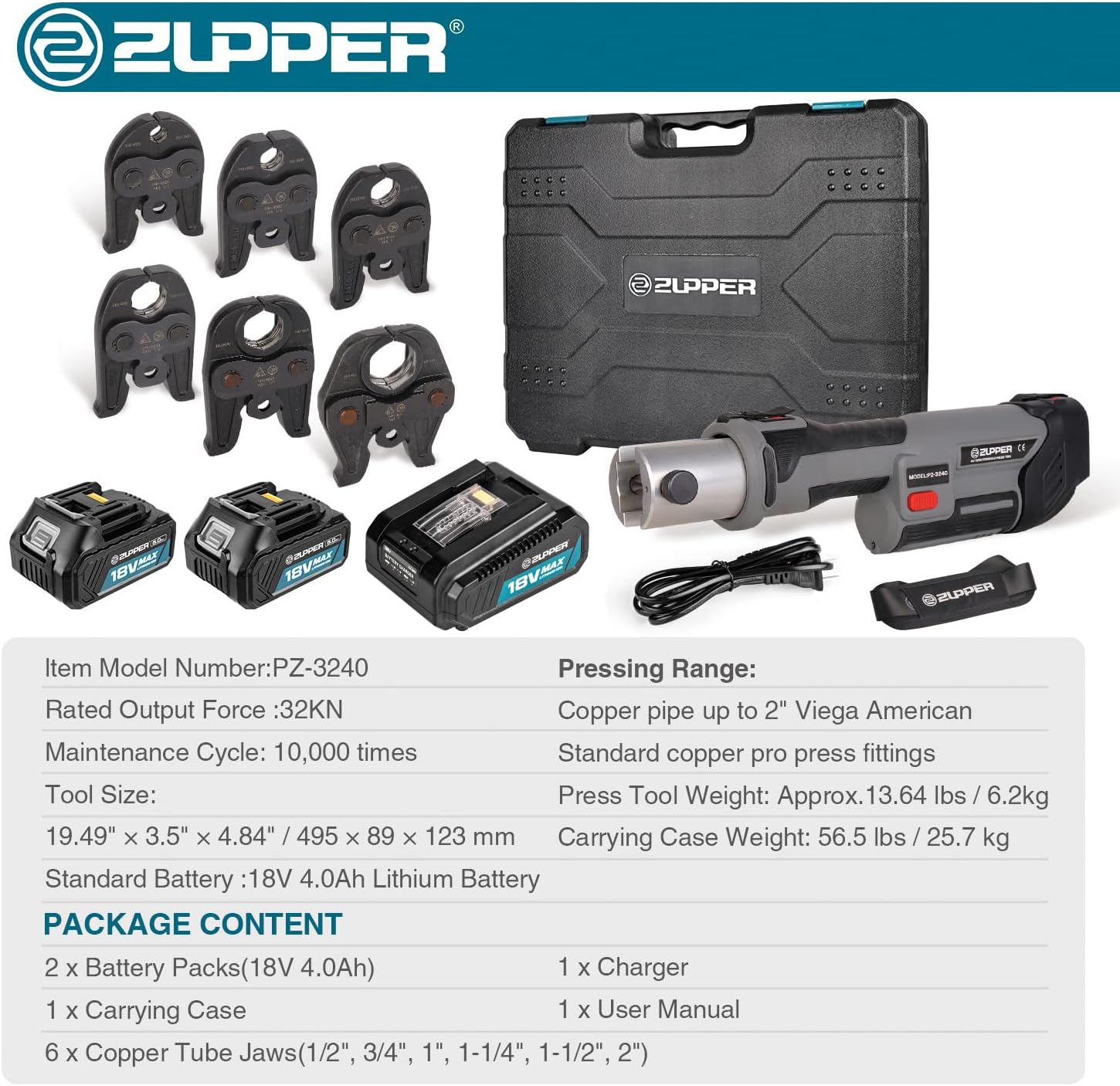 ZUPPER Standard Pro Press Tool kit with 6 Copper Pro Press Jaws 1/2" to 2", 2pcs 4AH Battery, Fast Charger & Carrying Case